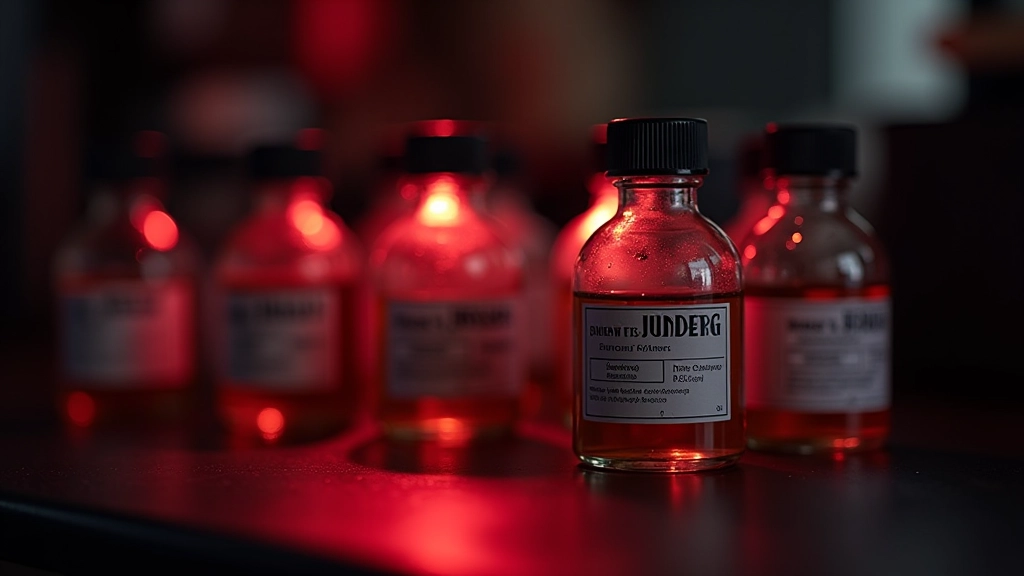 Four chemical bottles arranged on darkroom counter with measurement graduates, labeled clearly with developer, stop bath, fixer, and water