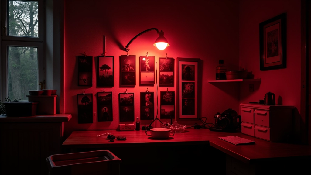 Traditional darkroom setup with film development equipment and red safelight