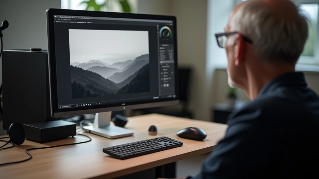 Desktop computer setup with monitor displaying photo editing software and printed photographs