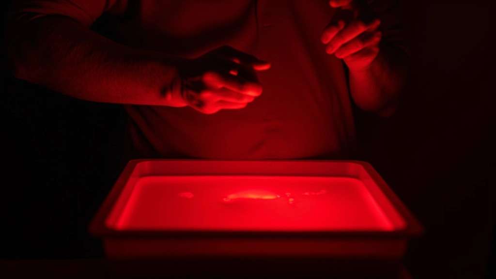 Film development tank being agitated under red safelight, showing proper technique with hands rotating the tank