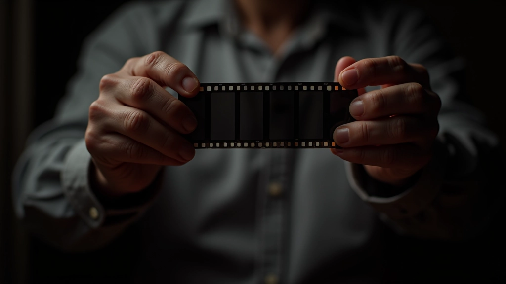 Close-up of hands holding freshly developed black and white film negative strip against light source, showing clear detail