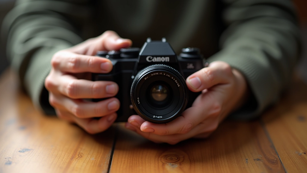 Hands holding a vintage film camera, demonstrating proper camera handling and positioning