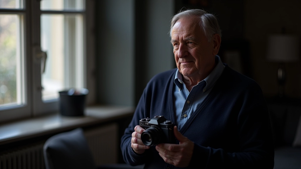 Person holding vintage camera in natural window light, showing how to position camera for portrait photography