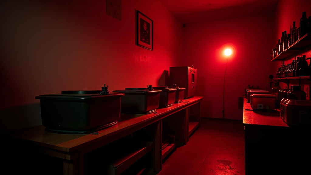 Traditional darkroom interior with red safelights, chemistry trays, and equipment for black and white film development