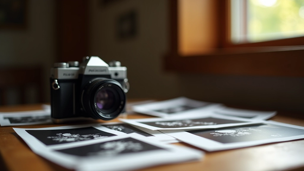 Traditional film camera with black and white photographs on desk