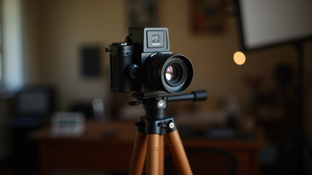 Studio setup showing photographer with vintage camera on tripod and portrait subject with lighting setup