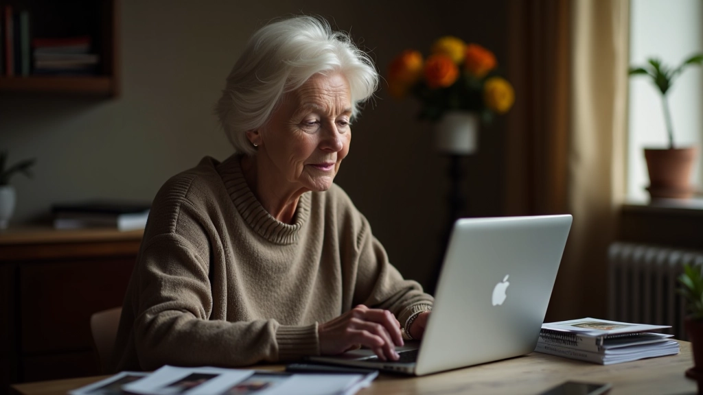Older woman reviewing photographs on laptop screen in natural daylight