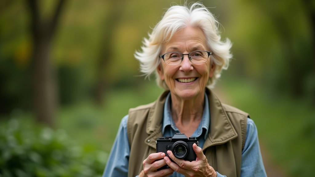 Older woman holding a professional camera, smiling outdoors with natural daylight